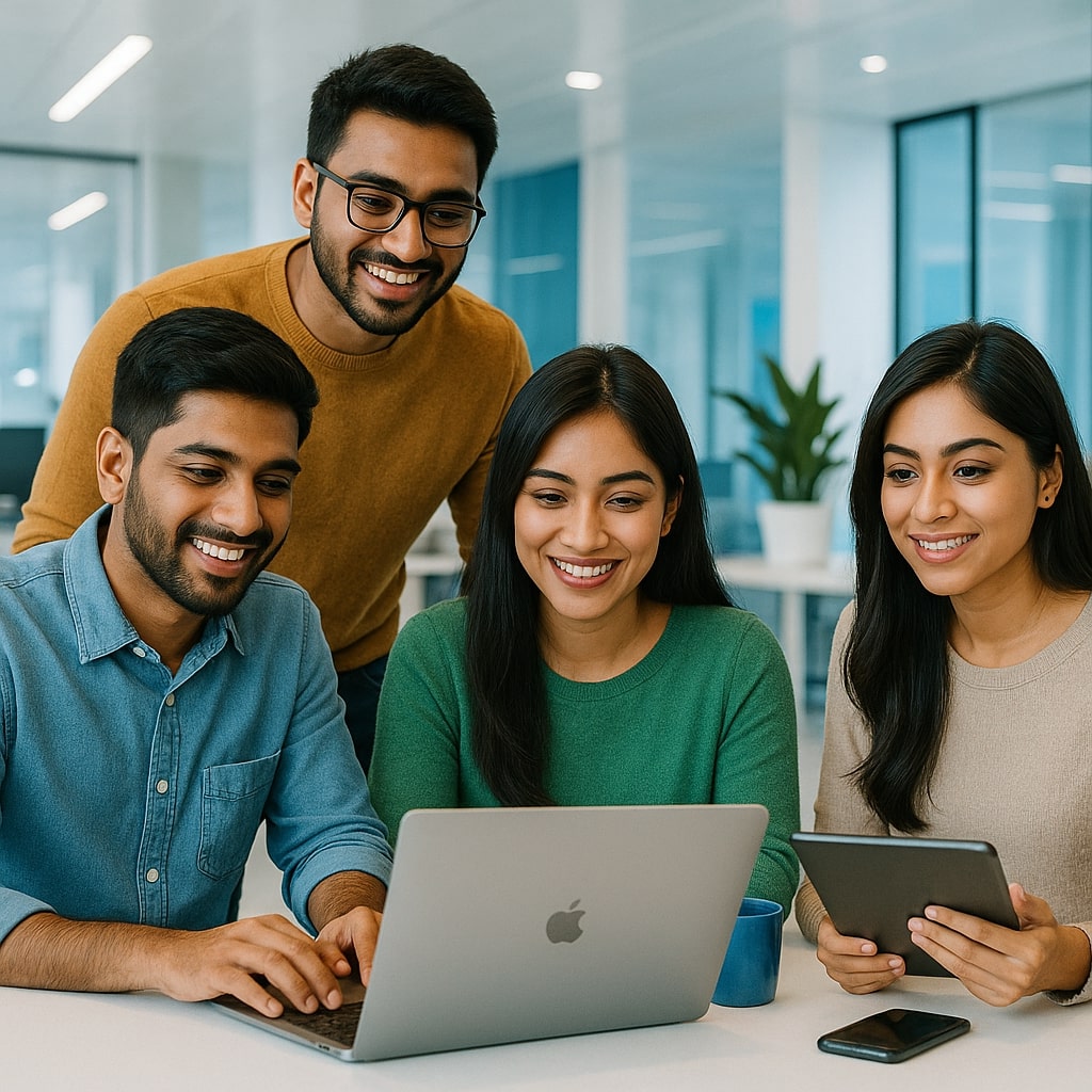 Diverse team collaborating in a modern tech office